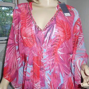 JLO Caftan Red Floral/ Brown Leopard Floral Print